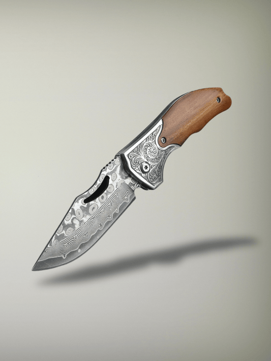 Couteau de Chasse <br> pliant en acier damas Dos droit
