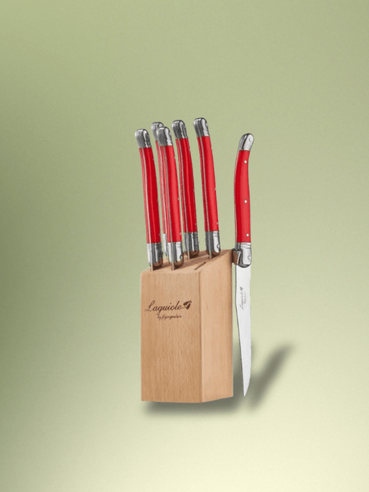 Couteau Laguiole | support en bois  6 Pièces rouges avec base